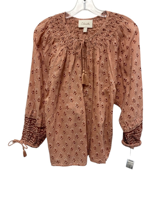 Cleobella Size S Muted Pink Cotton Button Front Printed Tassel Tie neck Top Muted Pink / S