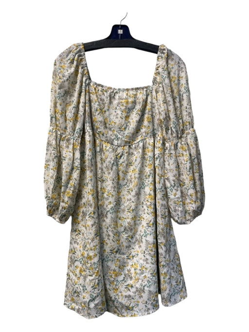 Exlura Size M Green, Yellow & White Polyester Babydoll Puff Sleeve Floral Dress Green, Yellow & White / M