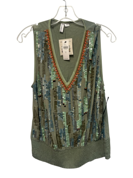 Blank London Size M Sage Green & Multi Viscose Sleeveless Sequined V Neck Top Sage Green & Multi / M