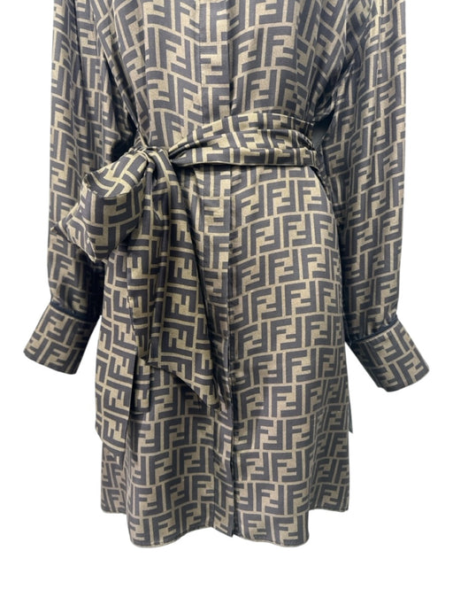 Fendi Size 40 Brown & Teal Silk Long Sleeve Logo Long Sleeve Dress Brown & Teal / 40