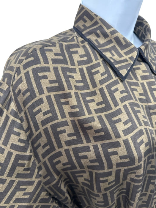 Fendi Size 40 Brown & Teal Silk Long Sleeve Logo Long Sleeve Dress Brown & Teal / 40
