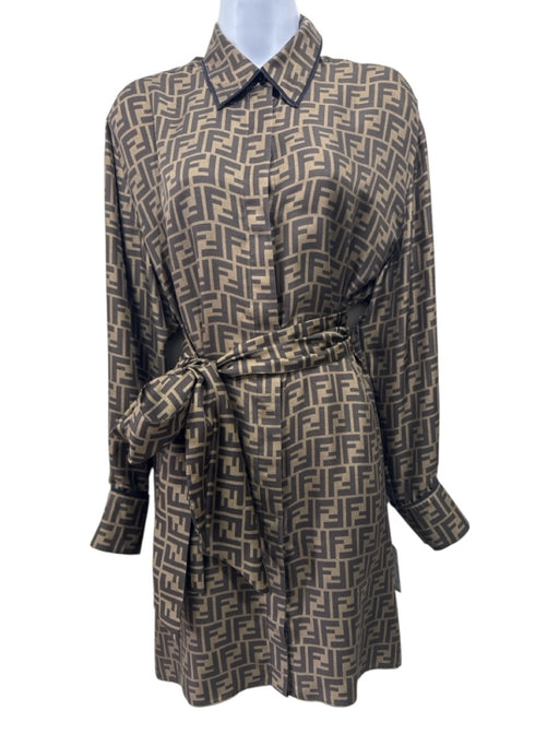 Fendi Size 40 Brown & Teal Silk Long Sleeve Logo Long Sleeve Dress Brown & Teal / 40