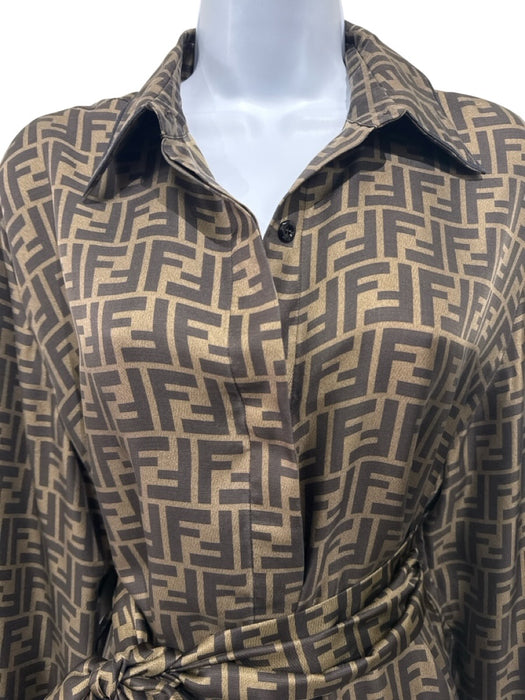 Fendi Size 40 Brown & Teal Silk Long Sleeve Logo Long Sleeve Dress Brown & Teal / 40