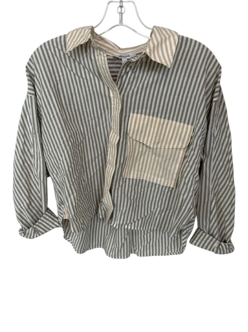 Madewell Size S Grey & Tan Cotton Stripe Button Up Long Sleeve Collar Top Grey & Tan / S