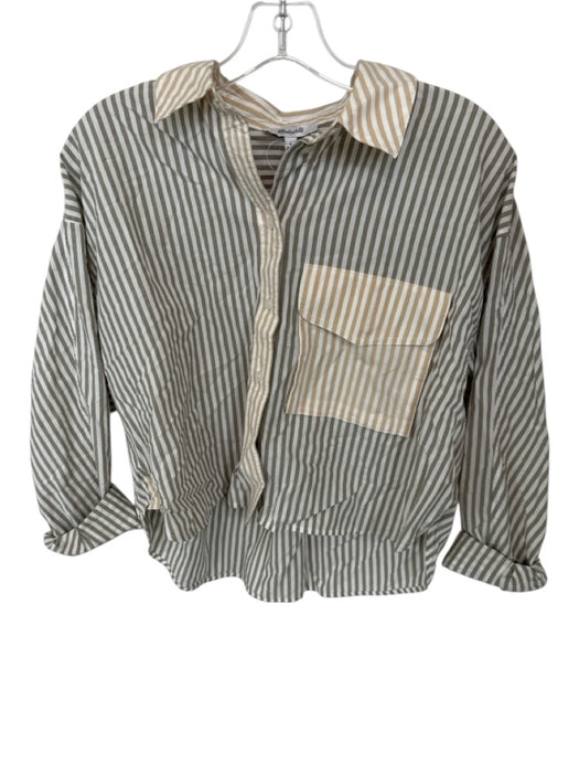 Madewell Size S Grey & Tan Cotton Stripe Button Up Long Sleeve Collar Top Grey & Tan / S