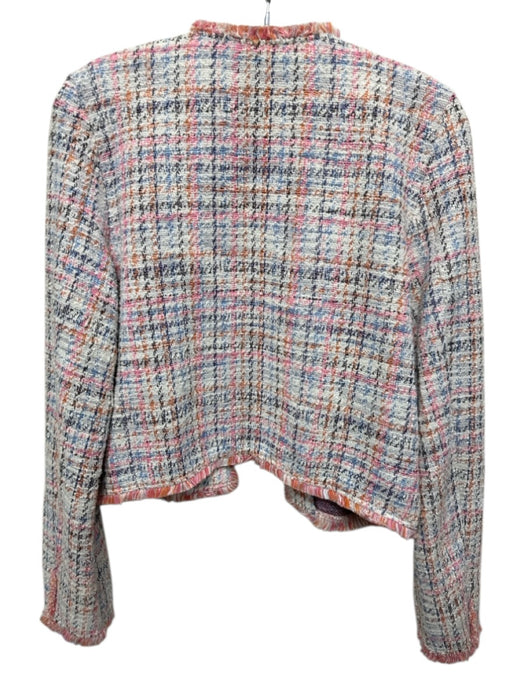 BB Dakota Size L White & Multi Cotton Blend Tweed Fringe Trim Open Front Jacket White & Multi / L