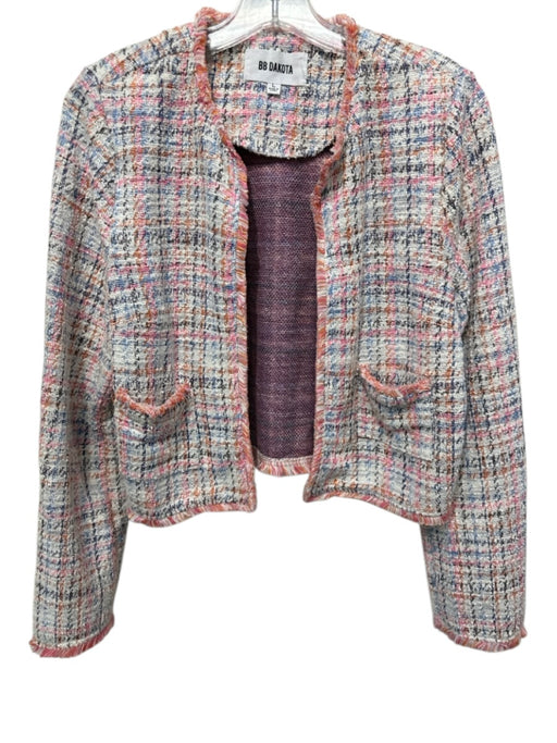 BB Dakota Size L White & Multi Cotton Blend Tweed Fringe Trim Open Front Jacket White & Multi / L