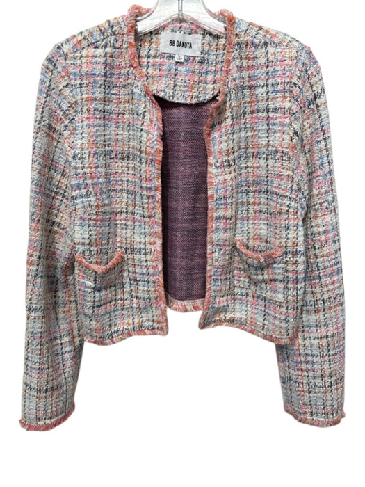 BB Dakota Size L White & Multi Cotton Blend Tweed Fringe Trim Open Front Jacket White & Multi / L
