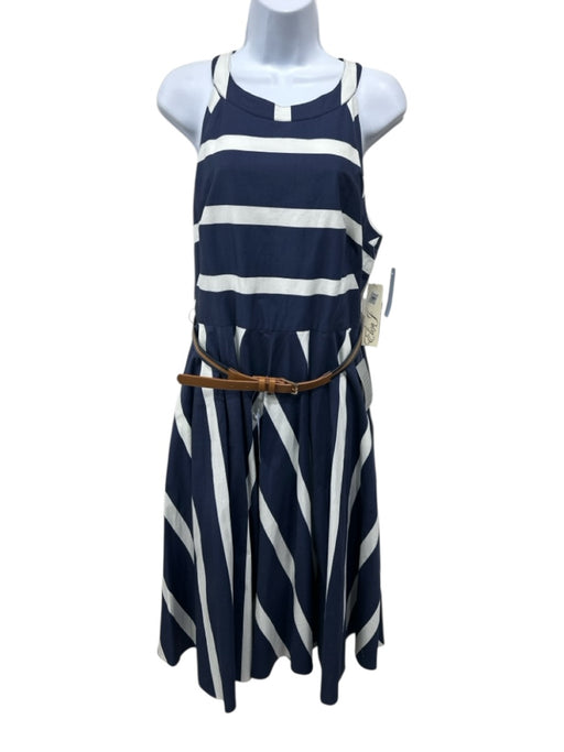 Eliza J Size 12 White & Navy Blue Cotton Blend Striped Halter Sleeveless Dress White & Navy Blue / 12