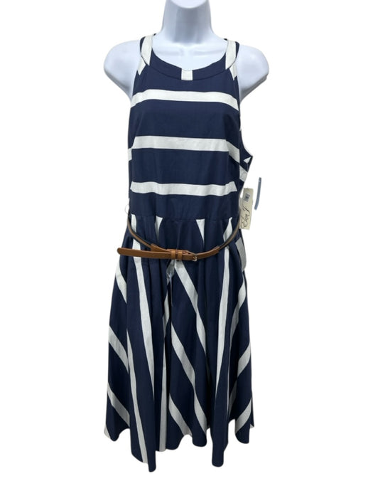 Eliza J Size 12 White & Navy Blue Cotton Blend Striped Halter Sleeveless Dress White & Navy Blue / 12