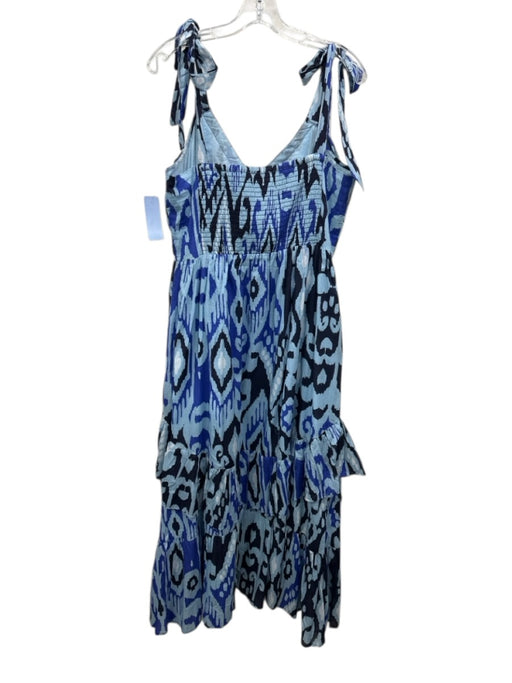 Love The Label Size L Blue Cotton Abstract Print Tie Shoulder V Neck Dress Blue / L