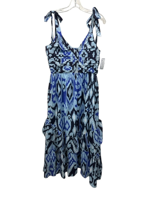Love The Label Size L Blue Cotton Abstract Print Tie Shoulder V Neck Dress Blue / L