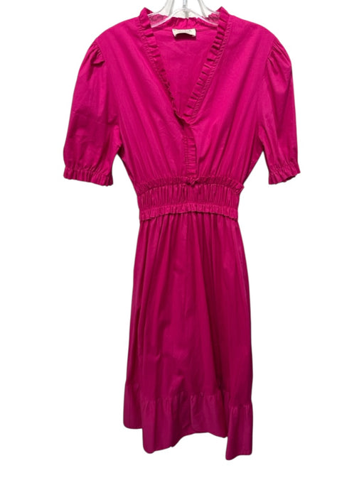 Sofia Size Est L Fuchsia Cotton Blend Short Puff Sleeve V Neck Ruffle Dress Fuchsia / Est L