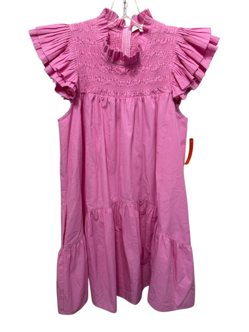 Love The Label Size L Pink Cotton Ruffle Cap Sleeve Smocked Neck Mini Dress Pink / L