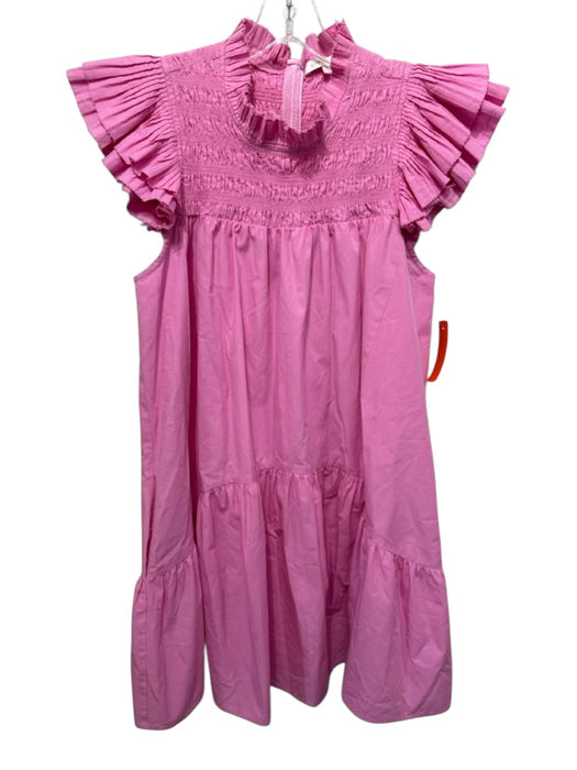 Love The Label Size L Pink Cotton Ruffle Cap Sleeve Smocked Neck Mini Dress Pink / L