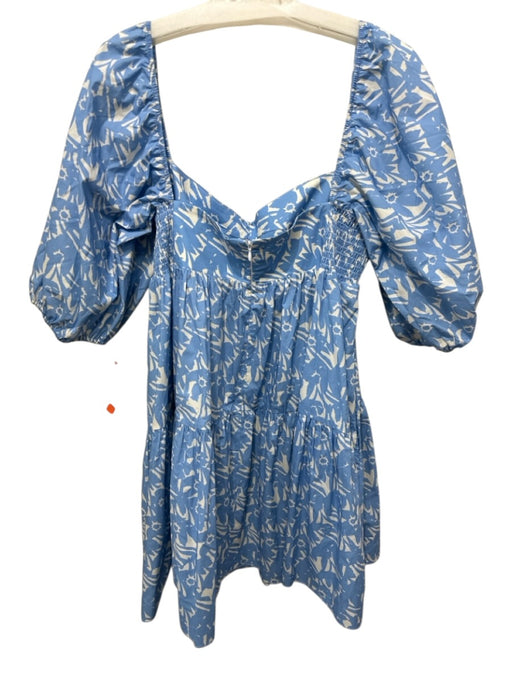 Amanda Uprichard Size L Blue & Cream Cotton Short Balloon Sleeve Mini Dress Blue & Cream / L