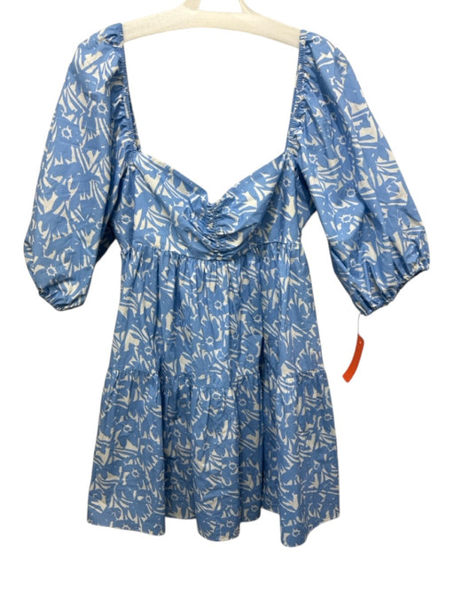 Amanda Uprichard Size L Blue & Cream Cotton Short Balloon Sleeve Mini Dress Blue & Cream / L