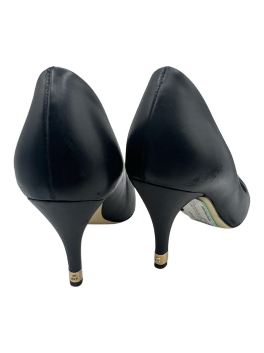 Chanel Shoe Size 38.5 Black Leather Upper Pointed Toe Toe Cap Heel Detail Pumps Black / 38.5