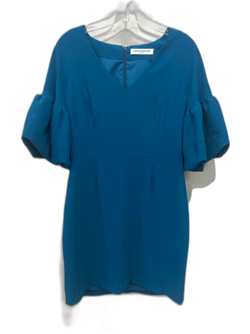 Amanda Uprichard Size L Teal Polyester 1/2 Puff Sleeve V Neck Back Zip Dress Teal / L