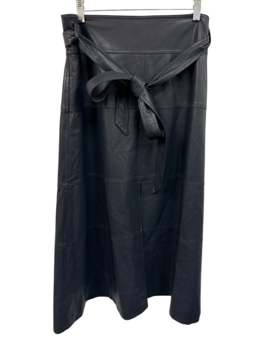 Tanya Taylor Size 12 Navy Polyester & Polyurethane Leather Front Tie Midi Skirt Navy / 12