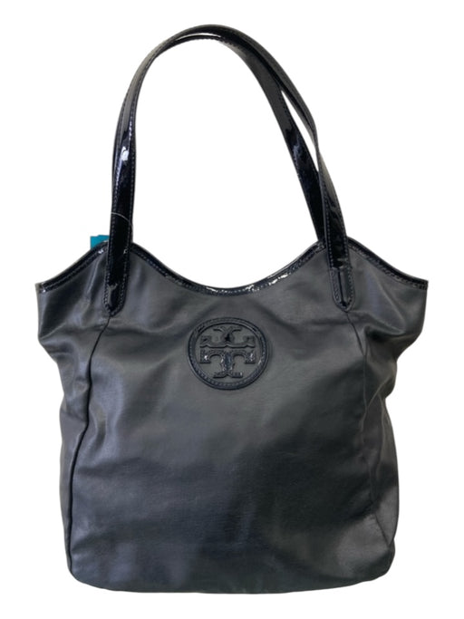 Tory Burch Black Dipped Canvas Patent Accents Logo Snap Closure Tote Bag Black / Medium