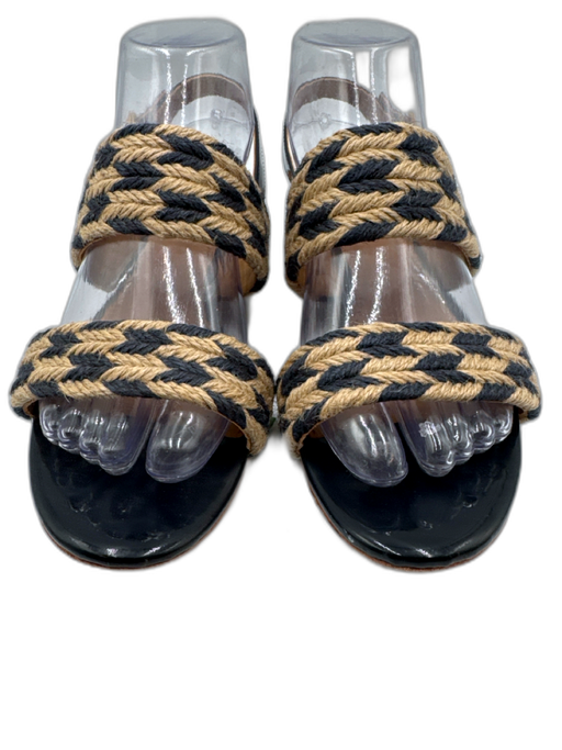 Tory Burch Shoe Size 7.5 Navy & Tan Raffia Patent Leather Round Toe Sandals Navy & Tan / 7.5