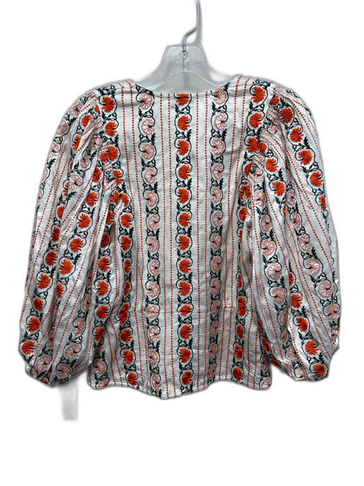 Sandro Size 1 White, Orange & Green Viscose Blend Long Balloon Sleeve V Neck Top White, Orange & Green / 1
