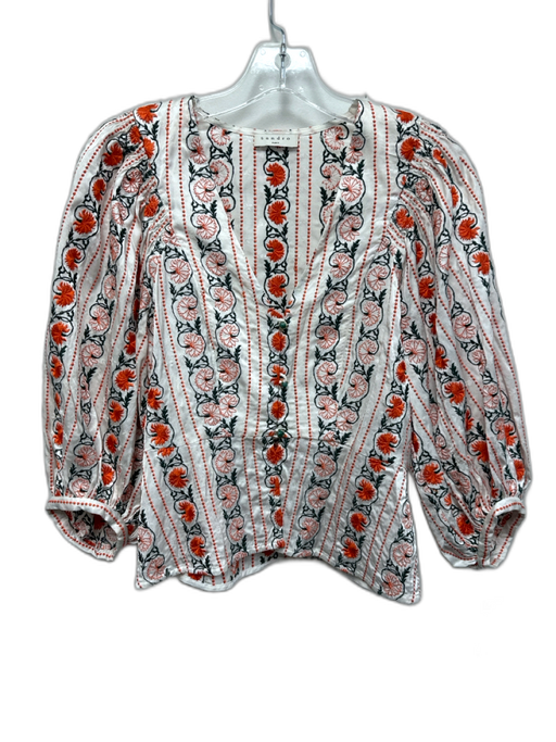 Sandro Size 1 White, Orange & Green Viscose Blend Long Balloon Sleeve V Neck Top White, Orange & Green / 1