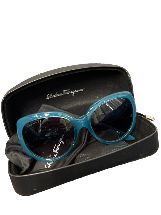Salvatore Ferragamo Teal Round Lens Logo Gold Detail Wide arm Sunglasses