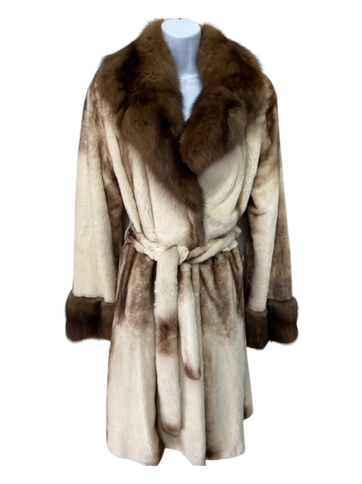 Pelieria Centpo Size 42 Brown & White Sheared Mink Fur Collar Belted Coat Brown & White / 42