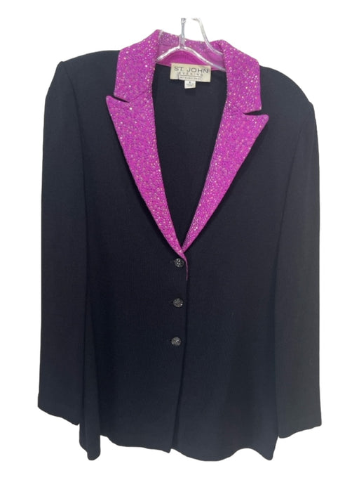 St John Evening Size 4 Black & Purple Wool Blend Knit Rhinestone Detail Jacket Black & Purple / 4