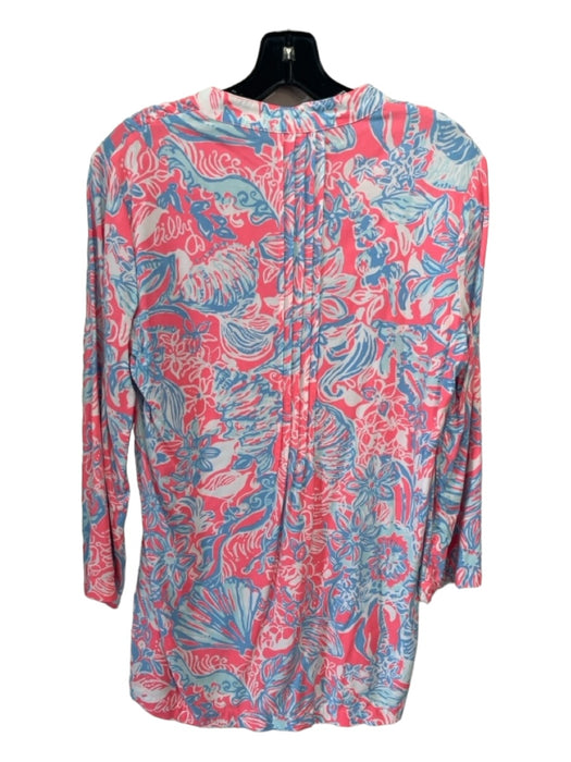 Lilly Pulitzer Size S Pink & blue Rayon Floral Round Split Neck Long Sleeve Top Pink & blue / S