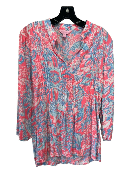 Lilly Pulitzer Size S Pink & blue Rayon Floral Round Split Neck Long Sleeve Top Pink & blue / S