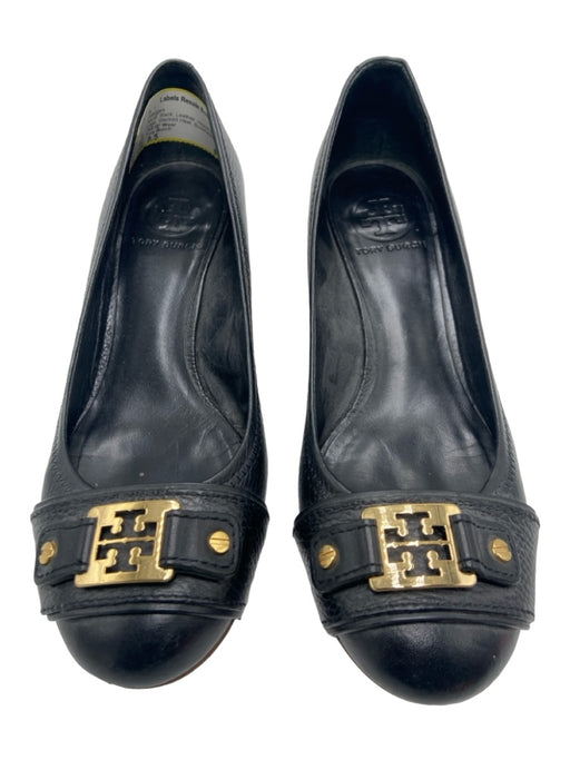 Tory Burch Shoe Size 8.5 Black Leather round toe Gold Logo Stacked Heel Wedges Black / 8.5