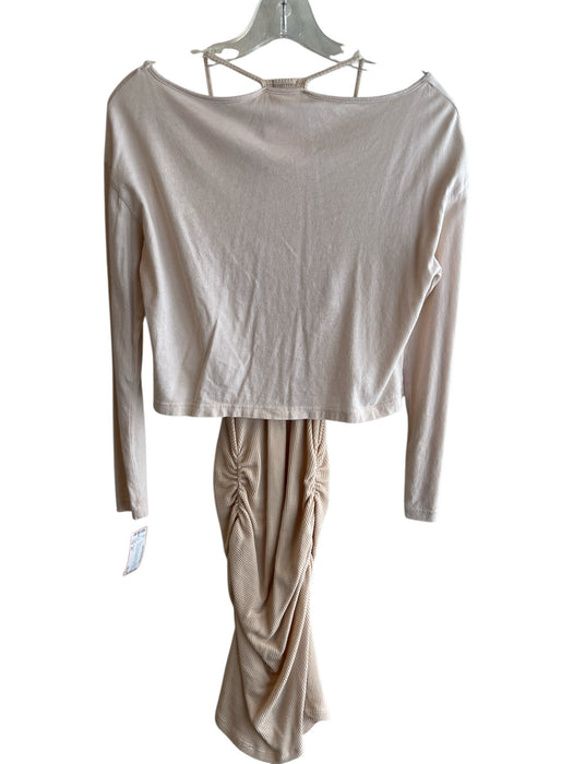 Monrow Size XS Ivory Cotton Blend Wide Round Neck Long Sleeve Waffle Knit Dress Ivory / XS