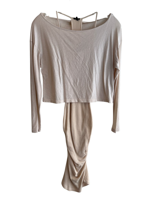 Monrow Size XS Ivory Cotton Blend Wide Round Neck Long Sleeve Waffle Knit Dress Ivory / XS