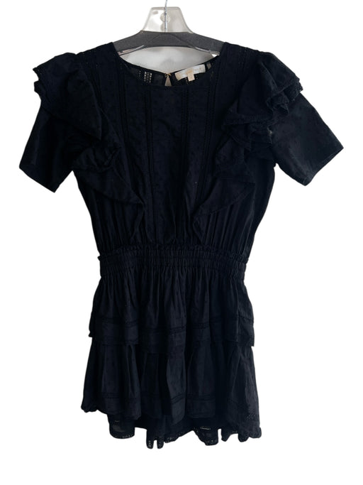 Love Shack Fancy Size S Black Cotton Round Neck Short Sleeve Ruffle Detail Dress Black / S