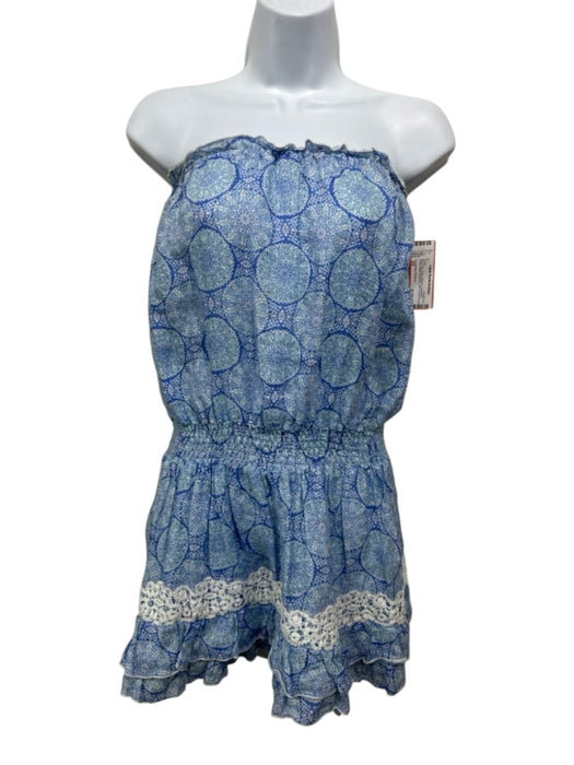 Temptation Positano Size XS Blue Print Linen Abstract Geometric Strapless Dress Blue Print / XS