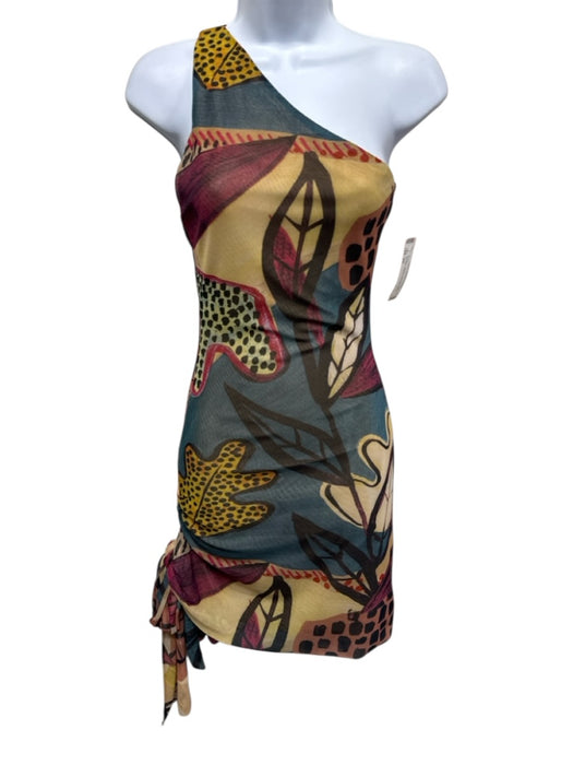 Alexis Size XS Polyester Abstract Leaf Print One Shoulder Draped Dress XS