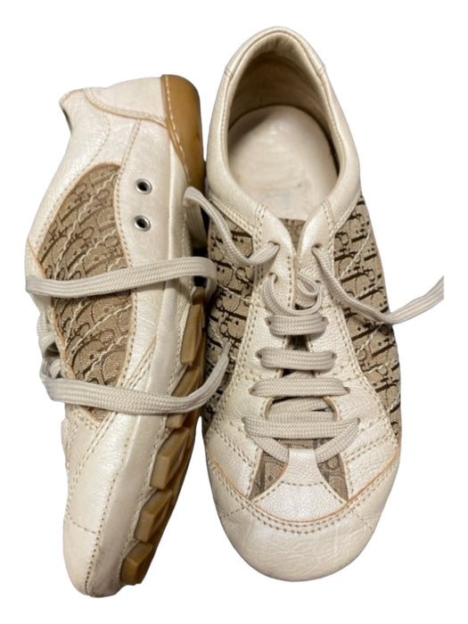 Dior Shoe Size 36 Cream & Tan Leather & Canvas Lace Up Low Top Monogram Sneakers Cream & Tan / 36