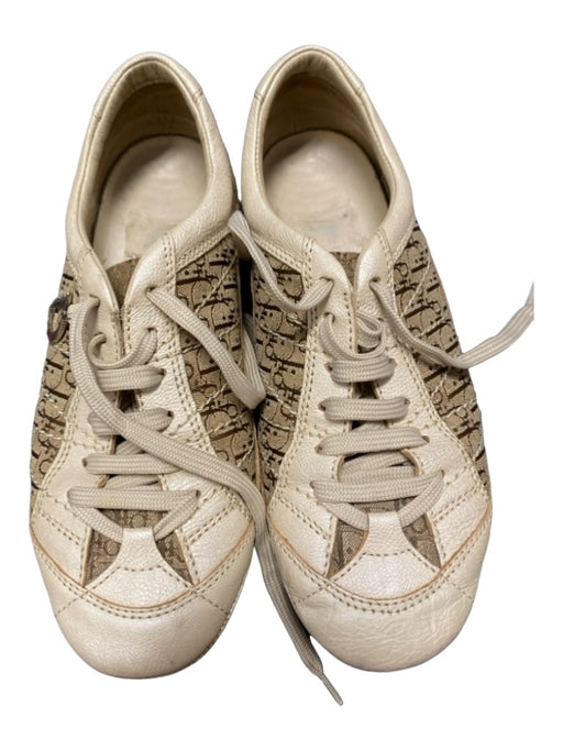 Dior Shoe Size 36 Cream & Tan Leather & Canvas Lace Up Low Top Monogram Sneakers Cream & Tan / 36