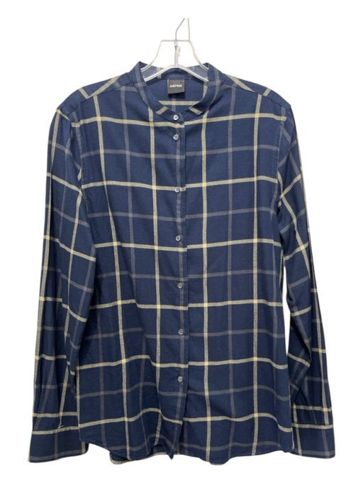 Aspesi Size 46 Navy & Yellow Cotton Flannel Plaid Button Up Long Sleeve Top Navy & Yellow / 46
