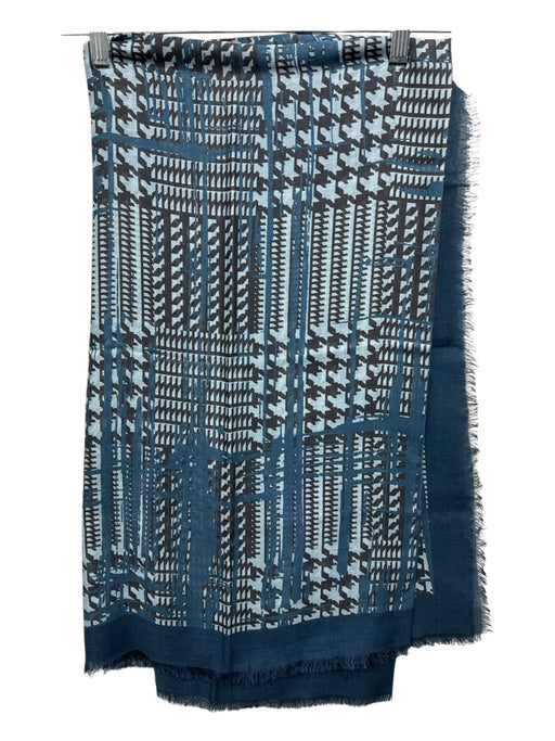 Lafayette 148 Teal & Black Wool & Silk Frayed Hem Abstract Geometric scarf Teal & Black