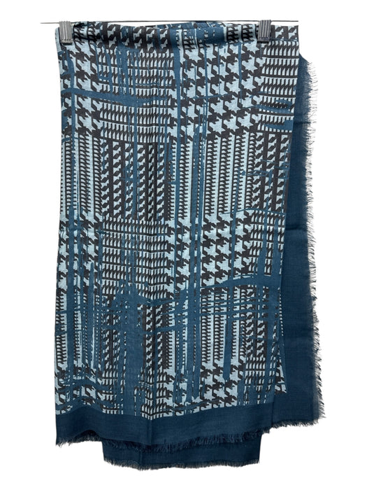 Lafayette 148 Teal & Black Wool & Silk Frayed Hem Abstract Geometric scarf Teal & Black