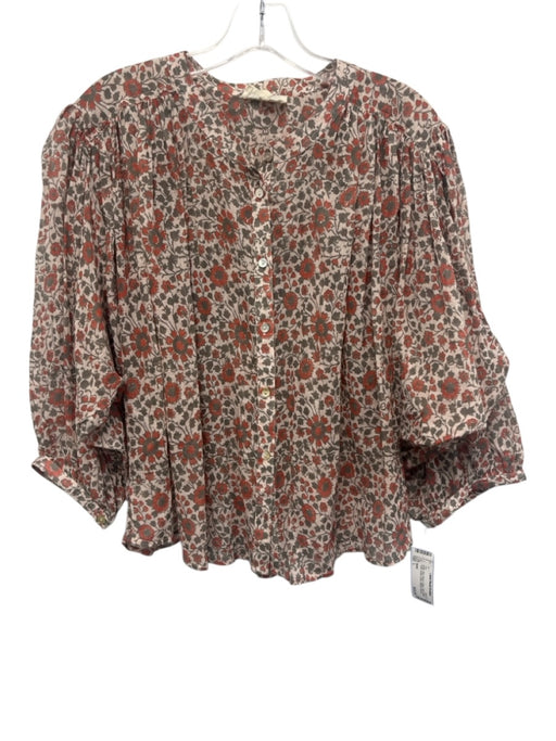 MABE Size L Beige, Red, Green Cotton Semi Sheer Floral Button Down Top Beige, Red, Green / L