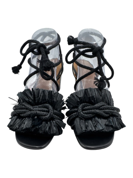 Tory Burch Shoe Size 8.5 Black Leather & Textile Rope Detail Knot Fringe Sandals Black / 8.5