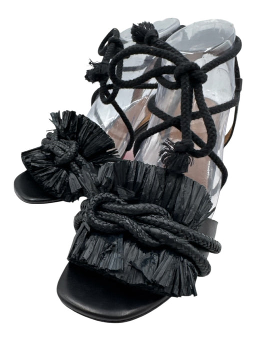 Tory Burch Shoe Size 8.5 Black Leather & Textile Rope Detail Knot Fringe Sandals Black / 8.5