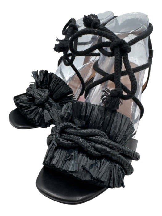 Tory Burch Shoe Size 8.5 Black Leather & Textile Rope Detail Knot Fringe Sandals Black / 8.5