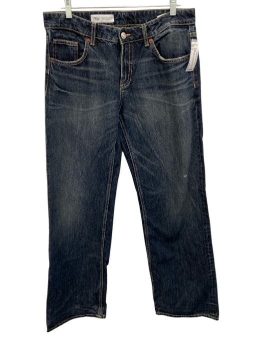 Zara Size 8 Medium Wash Cotton Blend Whiskering Mid Rise Wide Leg Jeans Medium Wash / 8