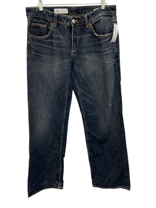 Zara Size 8 Medium Wash Cotton Blend Whiskering Mid Rise Wide Leg Jeans Medium Wash / 8